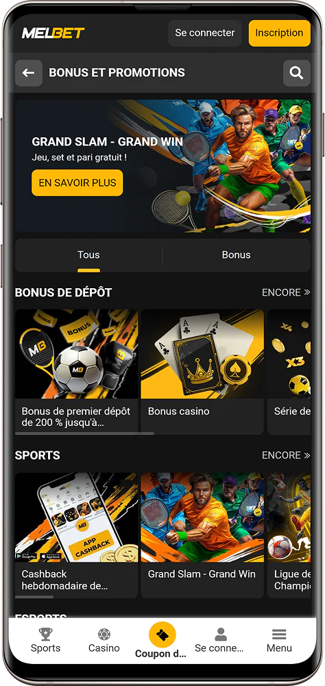 Capture d'écran des bonus de l'application Melbet Côte d’Ivoire